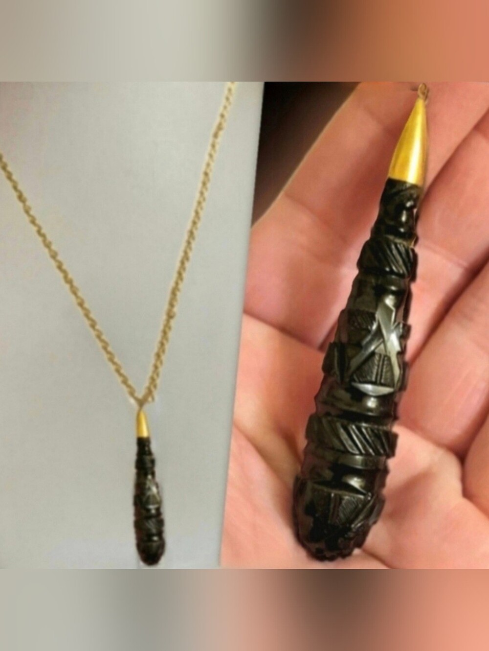 Antique 14k gold bail jet black obsidian carved Victorian drop necklace